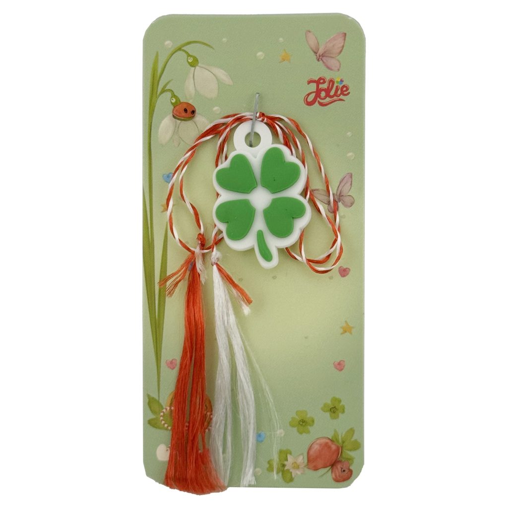 Martisor pentru Copii, Jolie, Model TRIFOI, din Cauciuc, cu Snur Impletit Alb/Rosu, Ambalaj Carton cu Design, Alb/Verde