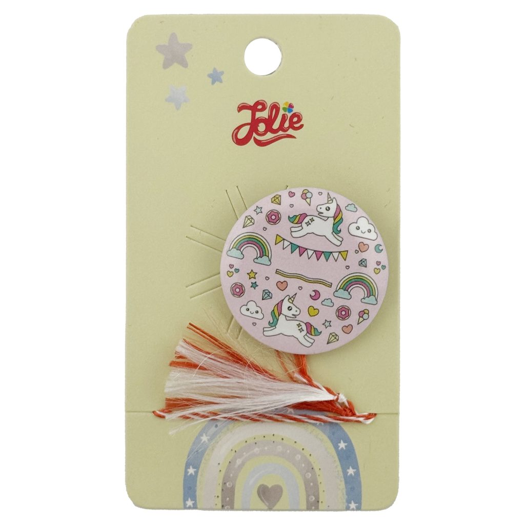 Martisor cu Brosa pentru copii, Jolie, Material Metal, Ambalaj Carton cu Design, Model Unicorn party, Roz deschis