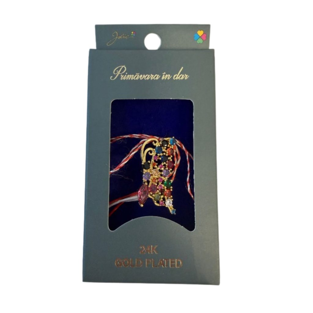 Martisor cu Brosa Placata cu Aur 24K, Jolie, Ambalaj Carton cu Design, Material Metal, Dimensiune Brosa 2.5-3cm, Multicolor