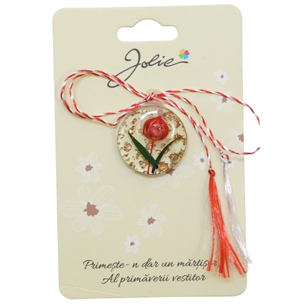 Martisor Traditional din Acril, Jolie, Model Rotund Lalea Rosie, cu Snur Impletit Alb/Rosu, Pandantiv 2 cm