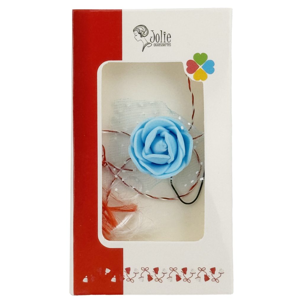 Martisor Motiv Floral, Jolie, Model Trandafir, cu Snur Alb/Rosu, 9 x 5 cm, Albastrsu deschis