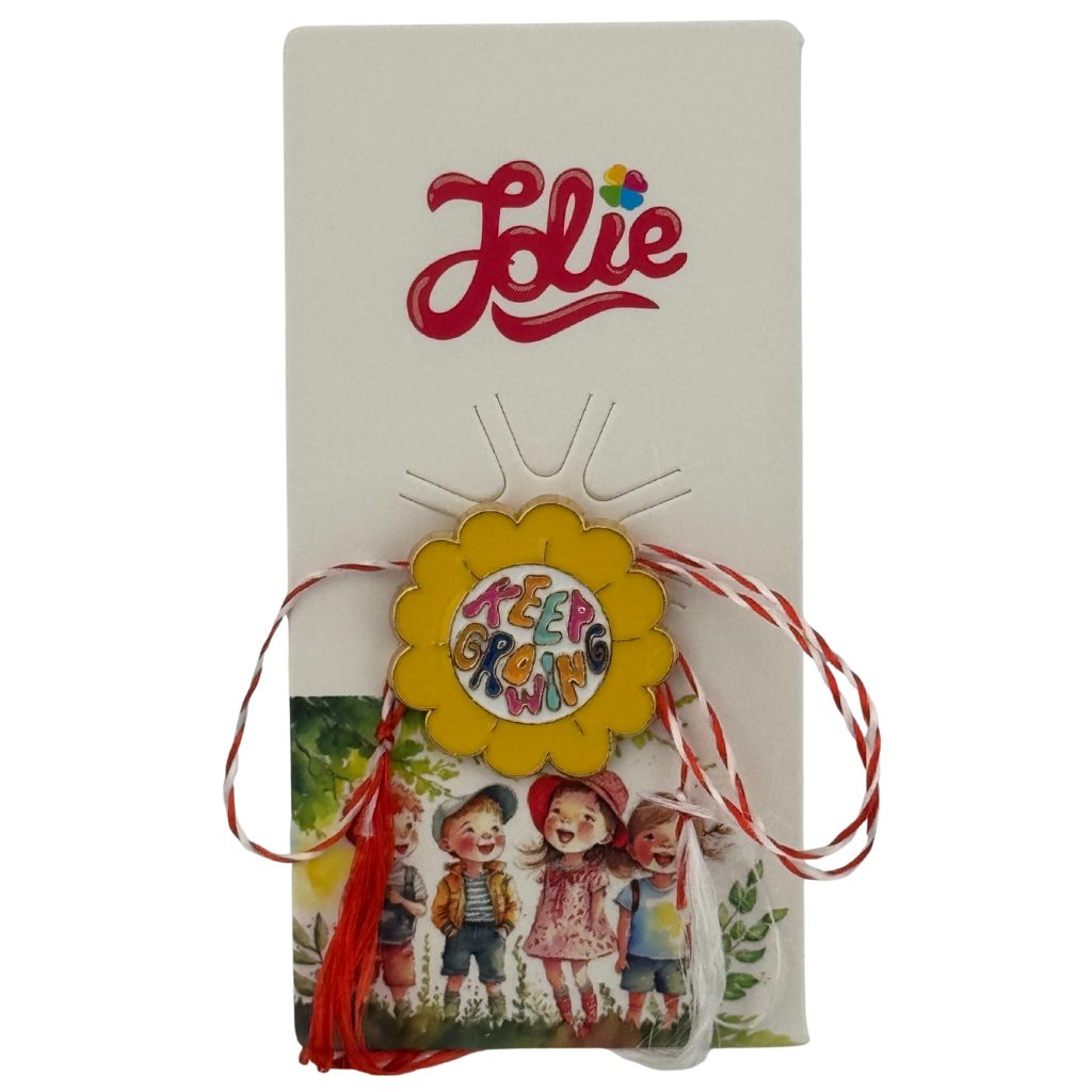 Martisor pentru copii, Jolie, Material Metal, Ambalaj Carton cu Design, Dimensiune Brosa Aproximativ 2x2 cm, Multicolor, cu Mesaj, Model Soare