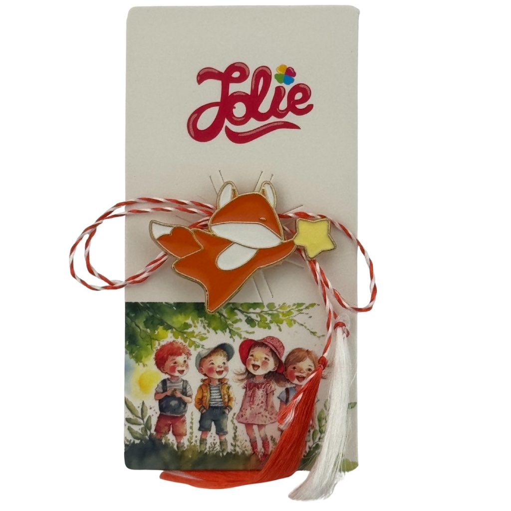 Martisor pentru copii, Jolie, Material Metal, Ambalaj Carton cu Design, Dimensiune Brosa Aproximativ 2x2 cm, Multicolor, Model Vulpe