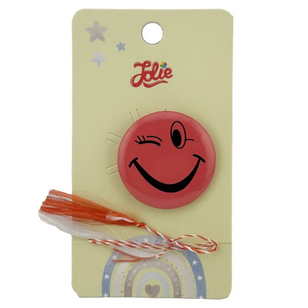 Martisor cu Brosa pentru copii, Jolie, Material Metal, Ambalaj Carton cu Design, Model Zambet de Fata, Rosu