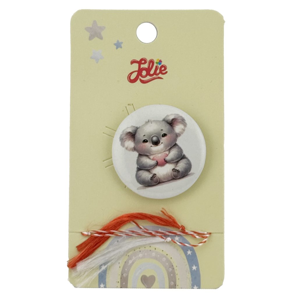 Martisor cu Brosa pentru copii, Jolie, Material Metal, Ambalaj Carton cu Design, Model Urs Koala, Gri/Alb