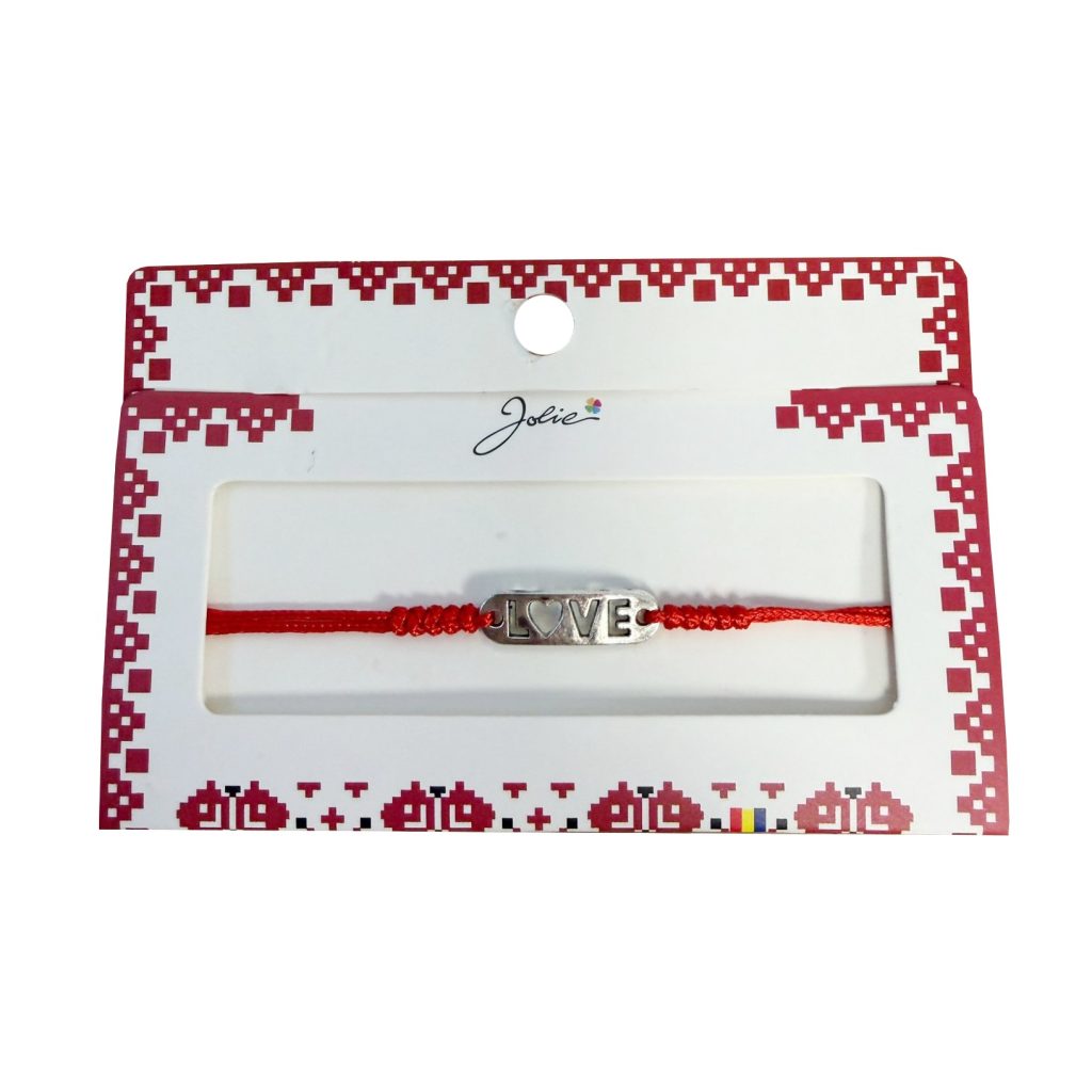 Martisor tip Bratara cu Pandantiv Metalic, Jolie, cu Snur Textil Rosu Impletit, Model Love, Dimensiune Reglabila, Ambalata Individual