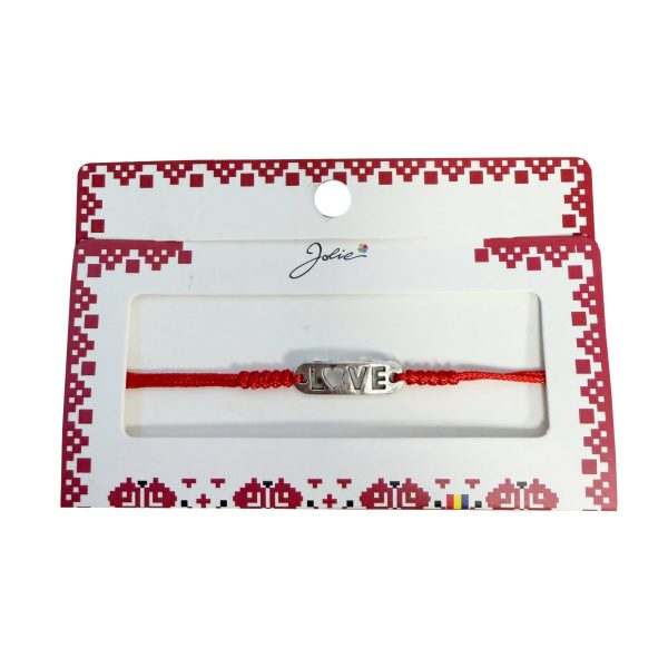Martisor tip Bratara cu Pandantiv Metalic, Jolie, cu Snur Textil Rosu Impletit, Model Love, Dimensiune Reglabila, Ambalata Individual