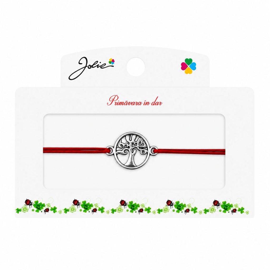 Martisor tip Bratara cu Pandantiv Metalic, Jolie, Snur Textil Rosu, Model Copacul Vietii Elegant, Dimensiune Reglabila, Nod Dublu, Ambalata Individual