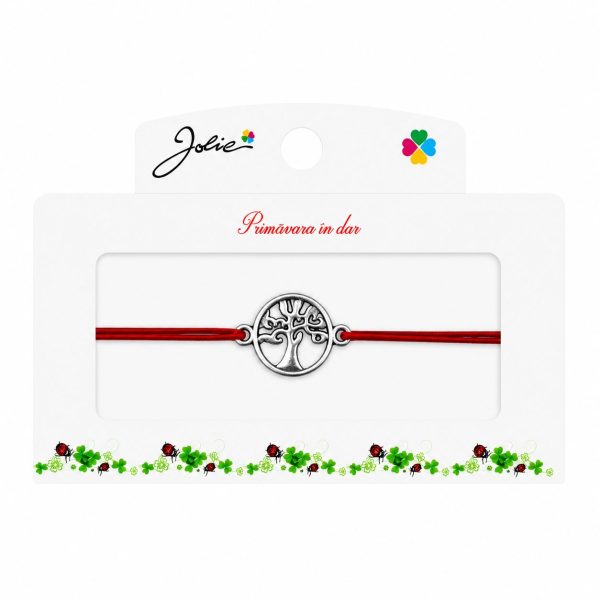 Martisor tip Bratara cu Pandantiv Metalic, Jolie, Snur Textil Rosu, Model Copacul Vietii Elegant, Dimensiune Reglabila, Nod Dublu, Ambalata Individual