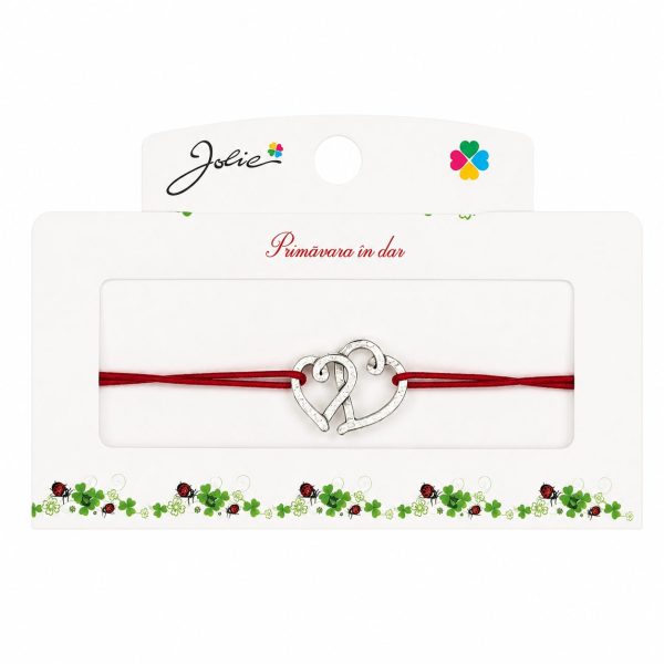 Martisor tip Bratara cu Pandantiv Metalic, Jolie, Snur Textil Rosu, Model Doua Inimi, Dimensiune Reglabila, Nod Dublu, Ambalata Individual