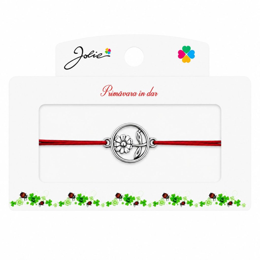 Martisor tip Bratara cu Pandantiv Metalic, Jolie, Snur Textil Rosu, Model Floare Cerc, Dimensiune Reglabila, Nod Dublu, Ambalata Individual