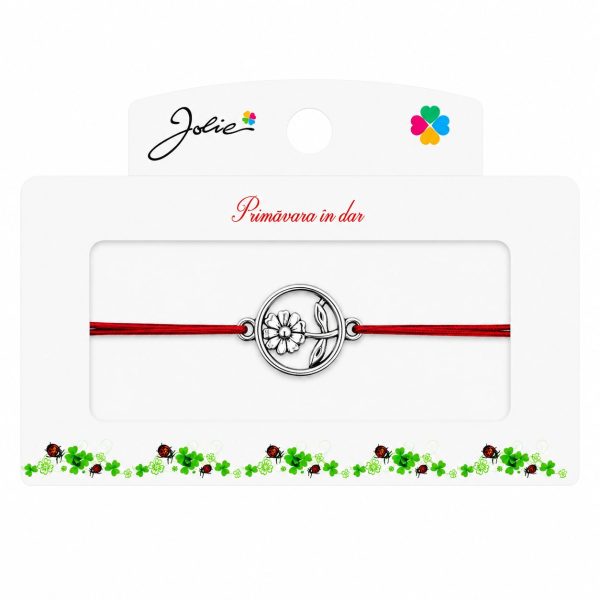 Martisor tip Bratara cu Pandantiv Metalic, Jolie, Snur Textil Rosu, Model Floare Cerc, Dimensiune Reglabila, Nod Dublu, Ambalata Individual