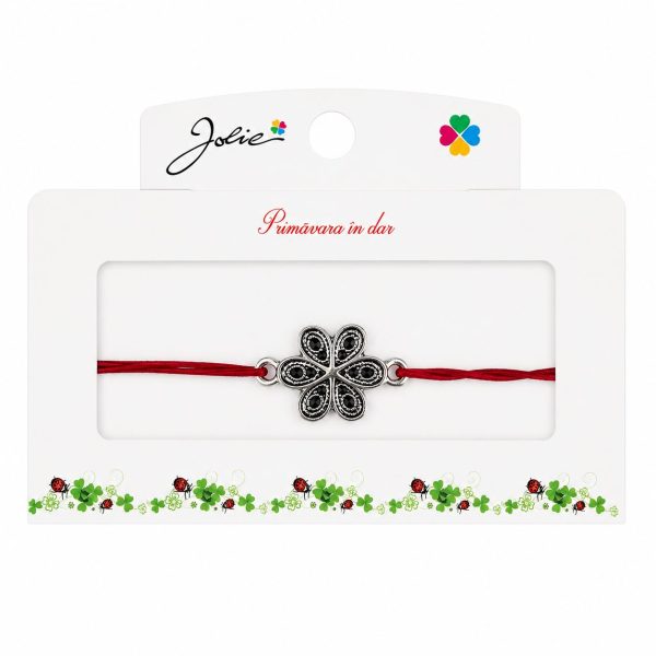 Martisor tip Bratara cu Pandantiv Metalic, Jolie, Snur Textil Rosu, Model Floare, Dimensiune Reglabila, Nod Dublu, Ambalata Individual