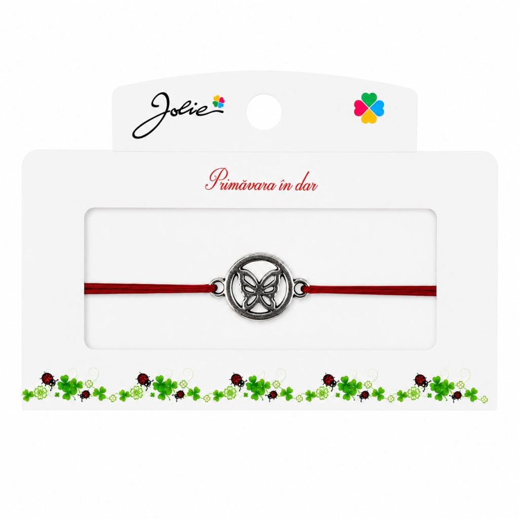 Martisor tip Bratara cu Pandantiv Metalic, Jolie, Snur Textil Rosu, Model Fluture Cerc, Dimensiune Reglabila, Nod Dublu, Ambalata Individual