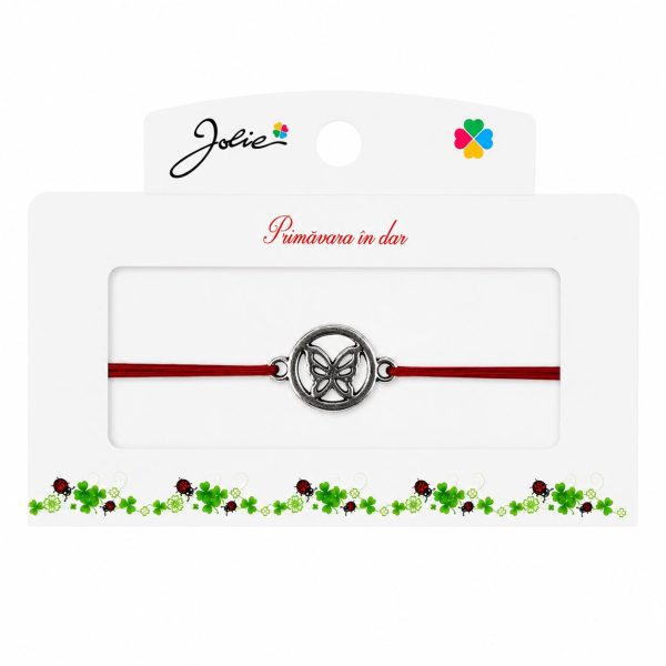 Martisor tip Bratara cu Pandantiv Metalic, Jolie, Snur Textil Rosu, Model Fluture Cerc, Dimensiune Reglabila, Nod Dublu, Ambalata Individual