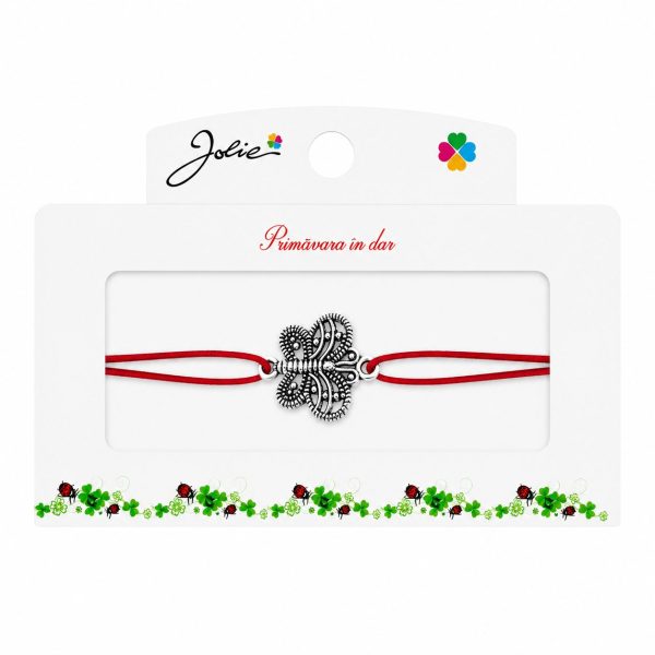 Martisor tip Bratara cu Pandantiv Metalic, Jolie, Snur Textil Rosu, Model Fluture, Dimensiune Reglabila, Nod Dublu, Ambalata Individual