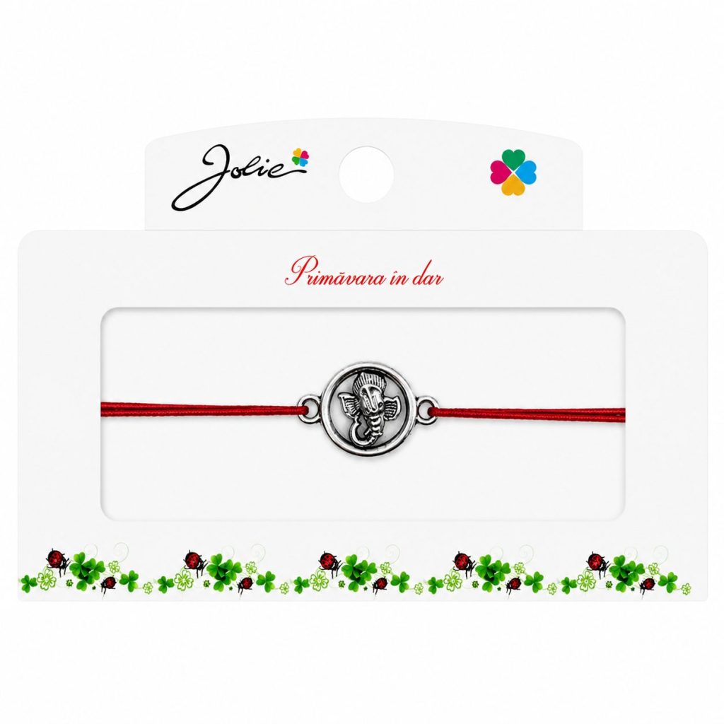 Martisor tip Bratara cu Pandantiv Metalic, Jolie, Snur Textil Rosu, Model Ganesha Cerc, Dimensiune Reglabila, Nod Dublu, Ambalata Individual
