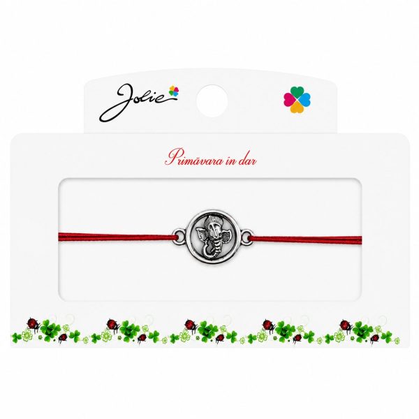 Martisor tip Bratara cu Pandantiv Metalic, Jolie, Snur Textil Rosu, Model Ganesha Cerc, Dimensiune Reglabila, Nod Dublu, Ambalata Individual