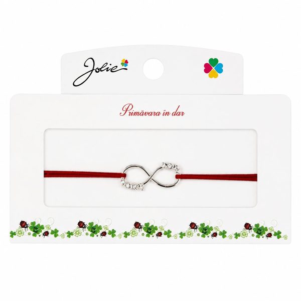 Martisor tip Bratara cu Pandantiv Metalic, Jolie, Snur Textil Rosu, Model Infinit, Dimensiune Reglabila, Nod Dublu, Ambalata Individual
