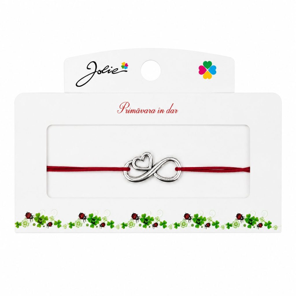 Martisor tip Bratara cu Pandantiv Metalic, Jolie, Snur Textil Rosu, Model Infinit Inima, Dimensiune Reglabila, Nod Dublu, Ambalata Individual