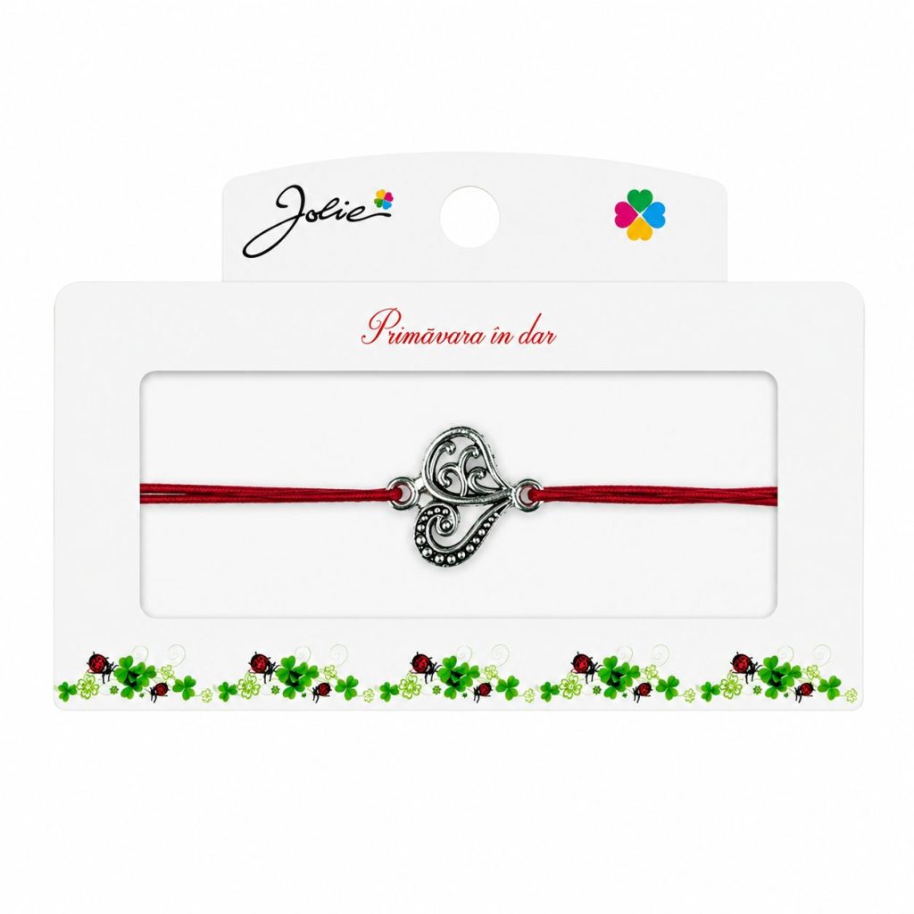 Martisor tip Bratara cu Pandantiv Metalic, Jolie, Snur Textil Rosu, Model Inima Eleganta, Dimensiune Reglabila, Nod Dublu, Ambalata Individual
