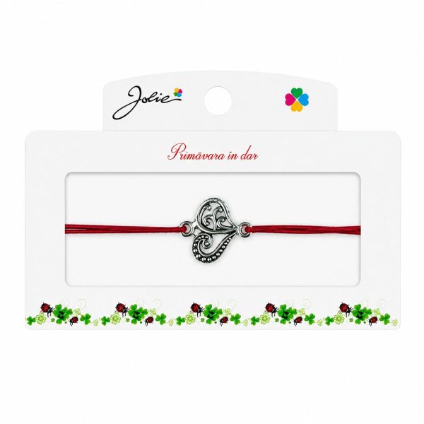 Martisor tip Bratara cu Pandantiv Metalic, Jolie, Snur Textil Rosu, Model Inima Eleganta, Dimensiune Reglabila, Nod Dublu, Ambalata Individual
