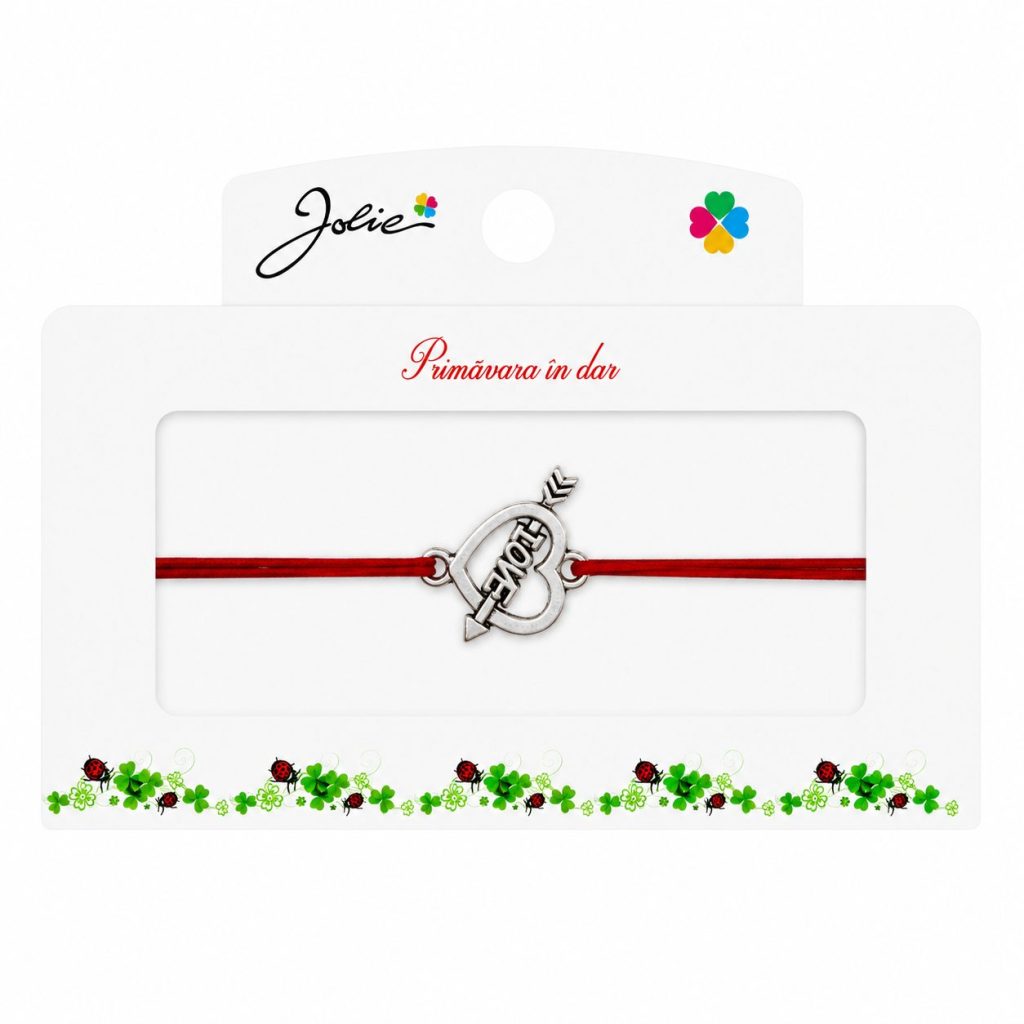 Martisor tip Bratara cu Pandantiv Metalic, Jolie, Snur Textil Rosu, Model Inima Love, Dimensiune Reglabila, Nod Dublu, Ambalata Individual
