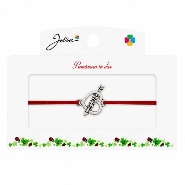 Martisor tip Bratara cu Pandantiv Metalic, Jolie, Snur Textil Rosu, Model Inima Love, Dimensiune Reglabila, Nod Dublu, Ambalata Individual