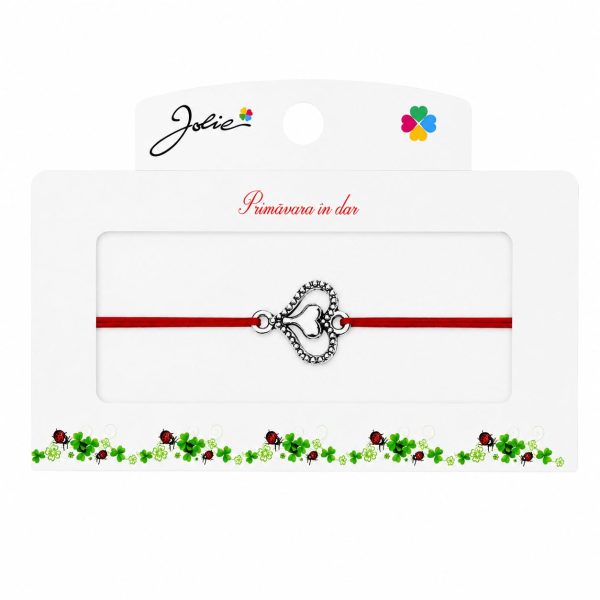 Martisor tip Bratara cu Pandantiv Metalic, Jolie, Snur Textil Rosu, Model Inima Stilizata, Dimensiune Reglabila, Nod Dublu, Ambalata Individual