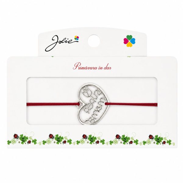 Martisor tip Bratara cu Pandantiv Metalic, Jolie, Snur Textil Rosu, Model Inima Super Mama, Dimensiune Reglabila, Nod Dublu, Ambalata Individual
