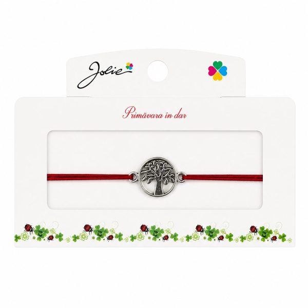 Martisor tip Bratara cu Pandantiv Metalic, Jolie, Snur Textil Rosu, Model Pomul Vietii Traditional, Dimensiune Reglabila, Nod Dublu, Ambalata Individual