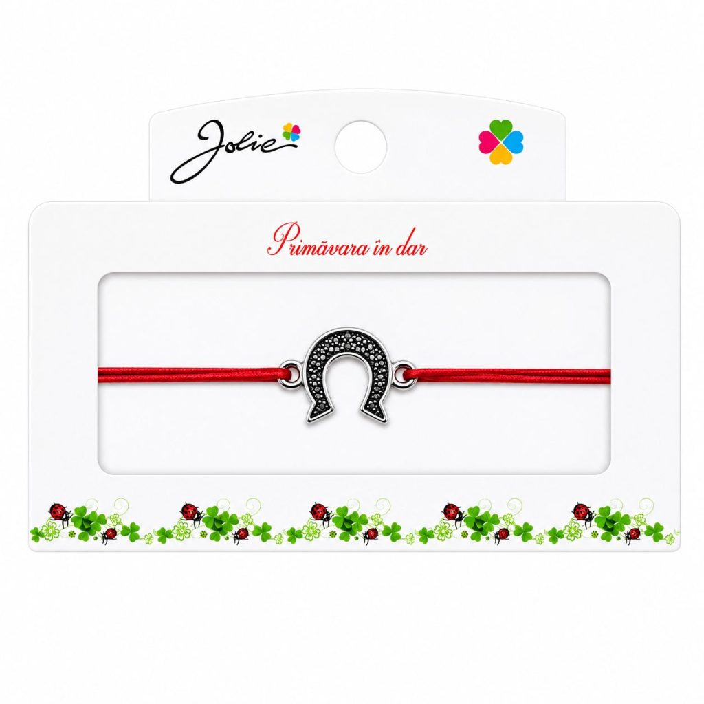 Martisor tip Bratara cu Pandantiv Metalic, Jolie, Snur Textil Rosu, Model Potcoava Flori, Dimensiune Reglabila, Nod Dublu, Ambalata Individual