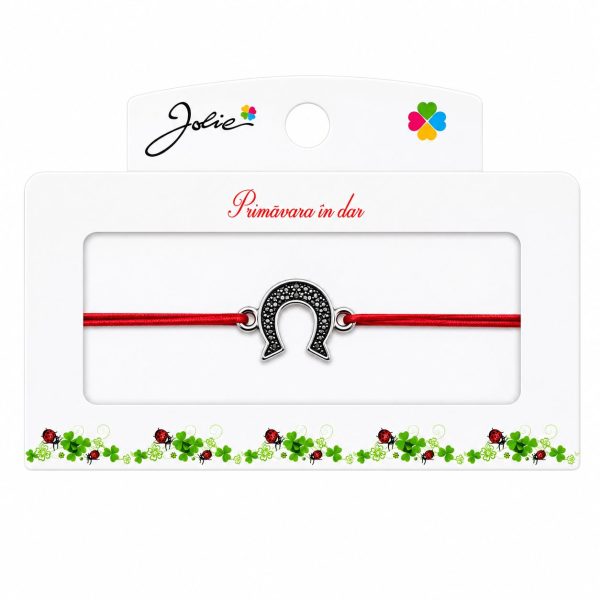 Martisor tip Bratara cu Pandantiv Metalic, Jolie, Snur Textil Rosu, Model Potcoava Flori, Dimensiune Reglabila, Nod Dublu, Ambalata Individual