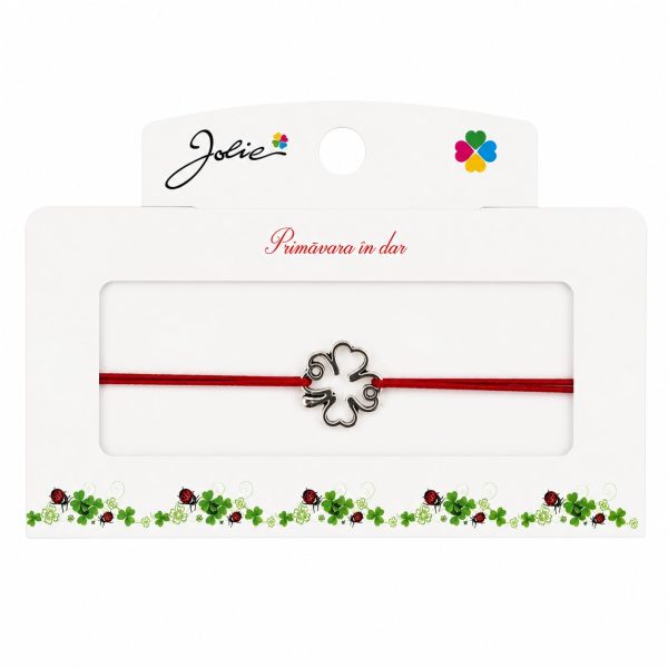 Martisor tip Bratara cu Pandantiv Metalic, Jolie, Snur Textil Rosu, Model Trifoi Contur, Dimensiune Reglabila, Nod Dublu, Ambalata Individual