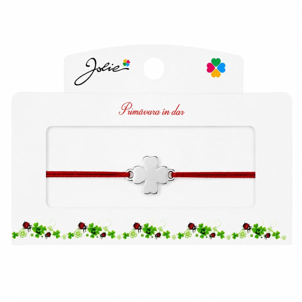 Martisor tip Bratara cu Pandantiv Metalic, Jolie, Snur Textil Rosu, Model Trifoi cu Patru Foi, Dimensiune Reglabila, Nod Dublu, Ambalata Individual