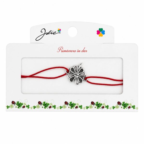 Martisor tip Bratara cu Pandantiv Metalic, Jolie, Snur Textil Rosu, Model Trifoi Inimi, Dimensiune Reglabila, Nod Dublu, Ambalata Individual