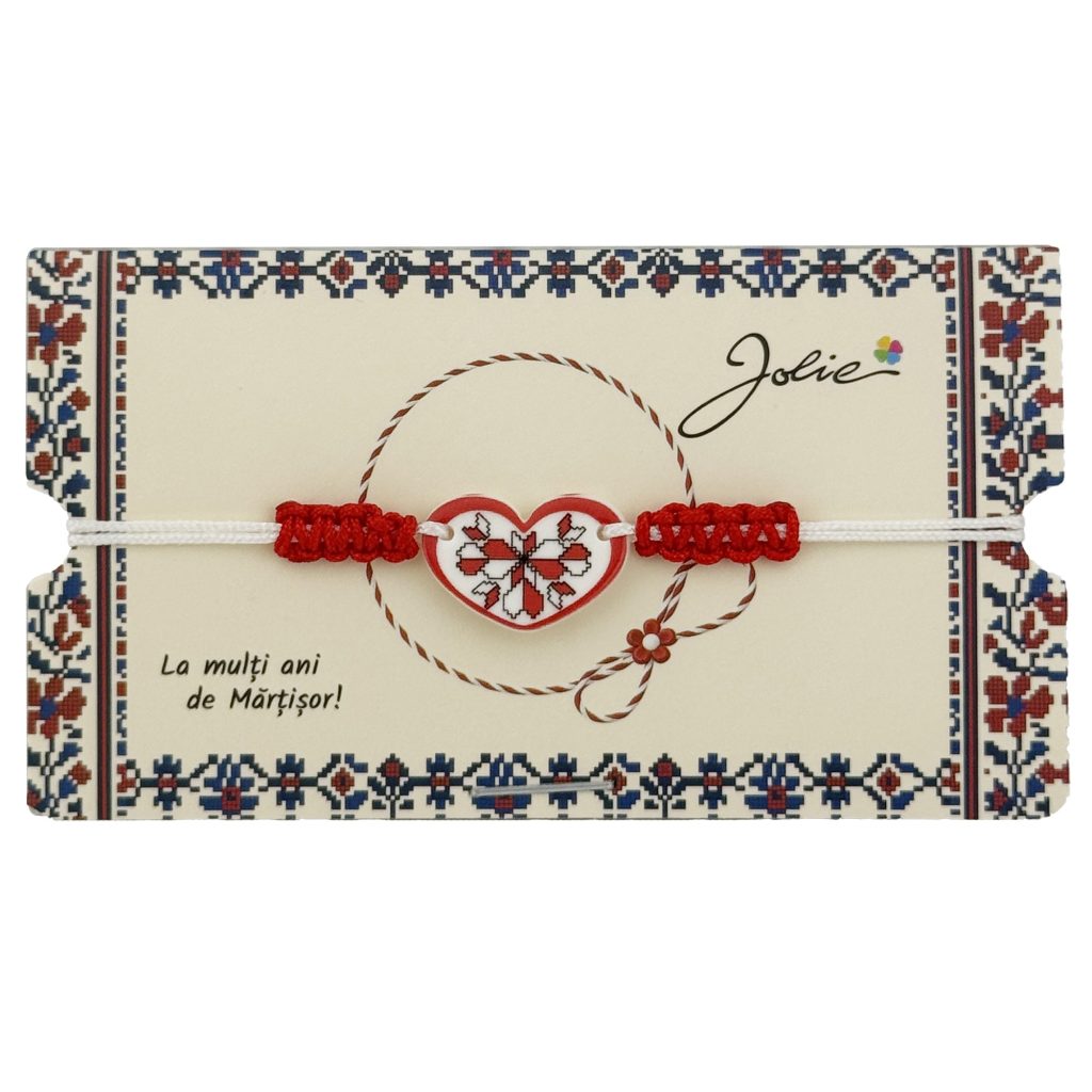 Martisor Traditional Bratara Norocoasa, Jolie, Model Inima, Bratara Martisor pentru Copii, din Plastic/Textil, Snur Alb/Rosu