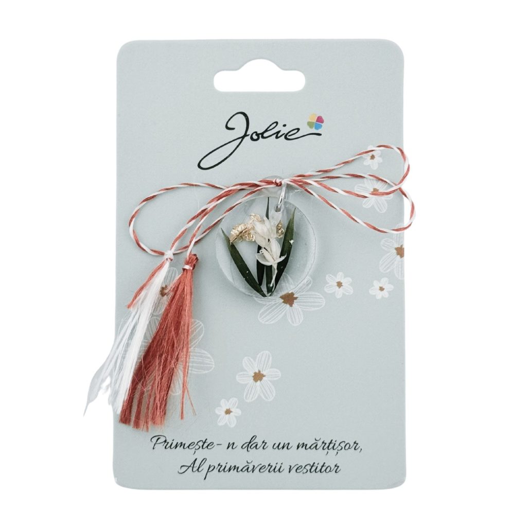 Martisor Traditional din Acril, Jolie, Model Rotund Floare Alba, cu Snur Impletit Alb/Rosu, Pandantiv 2 cm