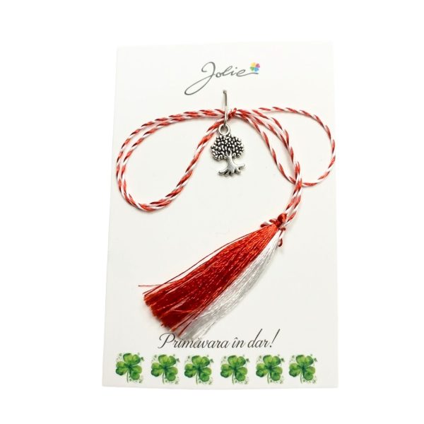 Martisor Traditional, Jolie, Model Copac, cu Snur Impletit Alb/Rosu, 8.5 x 5.5 cm, Argintiu