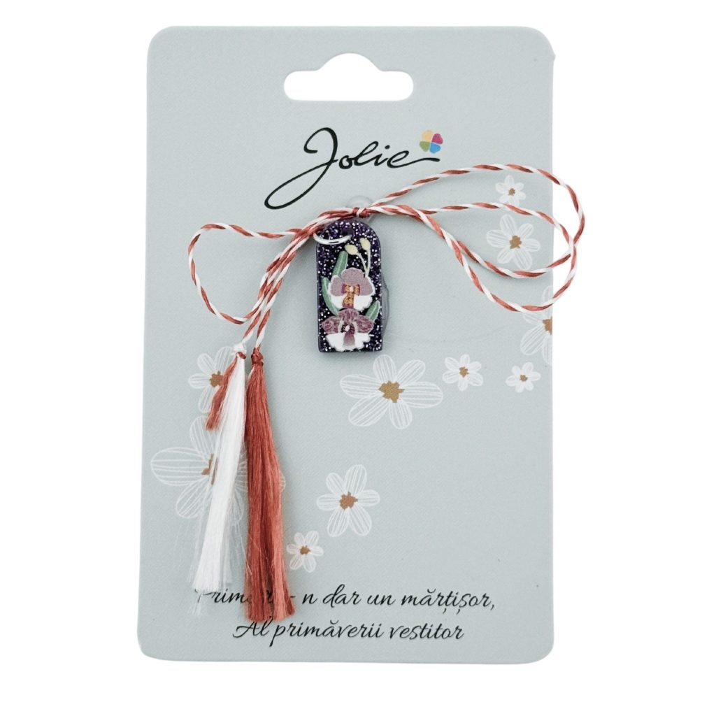 Martisor Traditional din Acril, Jolie, Model Orhidee, cu Snur Impletit Alb/Rosu, Pandantiv 2 cm, Albastru/Alb