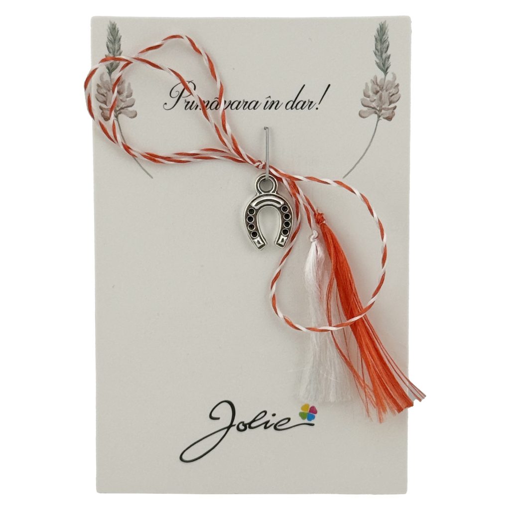 Martisor Traditional, Jolie, Model POTCOAVA, cu Snur Impletit Alb/Rosu, 8.5 x 5.5 cm, Argintiu