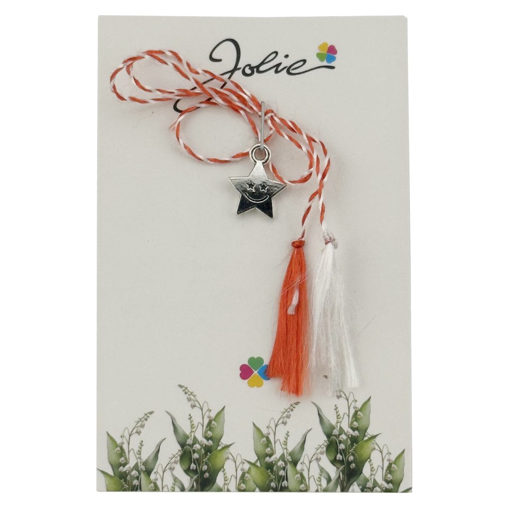 Martisor Traditional, Jolie, Model STEA, cu Snur Impletit Alb/Rosu, 8.5 x 5.5 cm, Argintiu