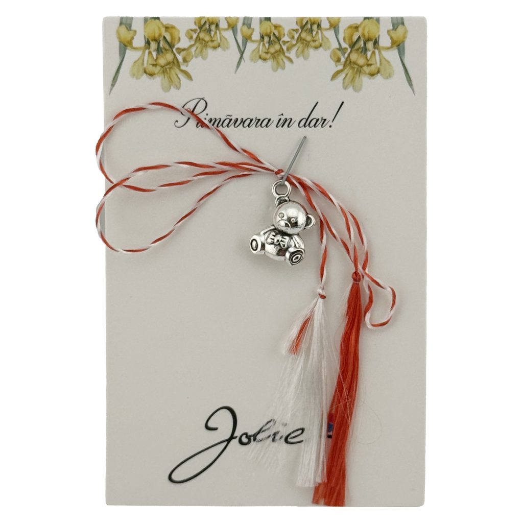 Martisor Traditional, Jolie, Model URSULET, cu Snur Impletit Alb/Rosu, 8.5 x 5.5 cm, Argintiu