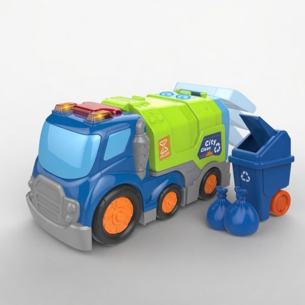 Masina De Gunoi Cu Frictiune Oraselul Agitat, Cu Lumini Si Sunete, Jucarie Interactiva Camion Reciclare Copii, Vehicul Salubritate Cu Pubela Si Accesorii Incluse, Jucarie Transport Deseuri Pentru Copii 3+ Ani, Albastru