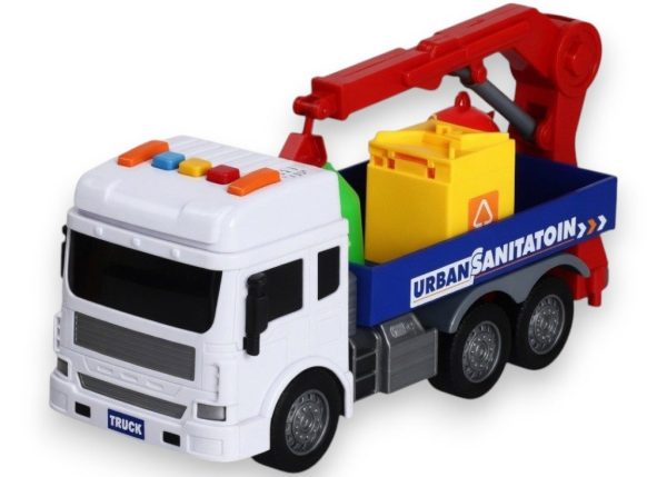 Masina de gunoi reciclare cu frictiune, Camion colectare deseuri cu lumini si sunete, Vehicul sanitar copii, Masina reciclare urbana plastic, Camion salubritate interactiv copii 3+ ani, Alb