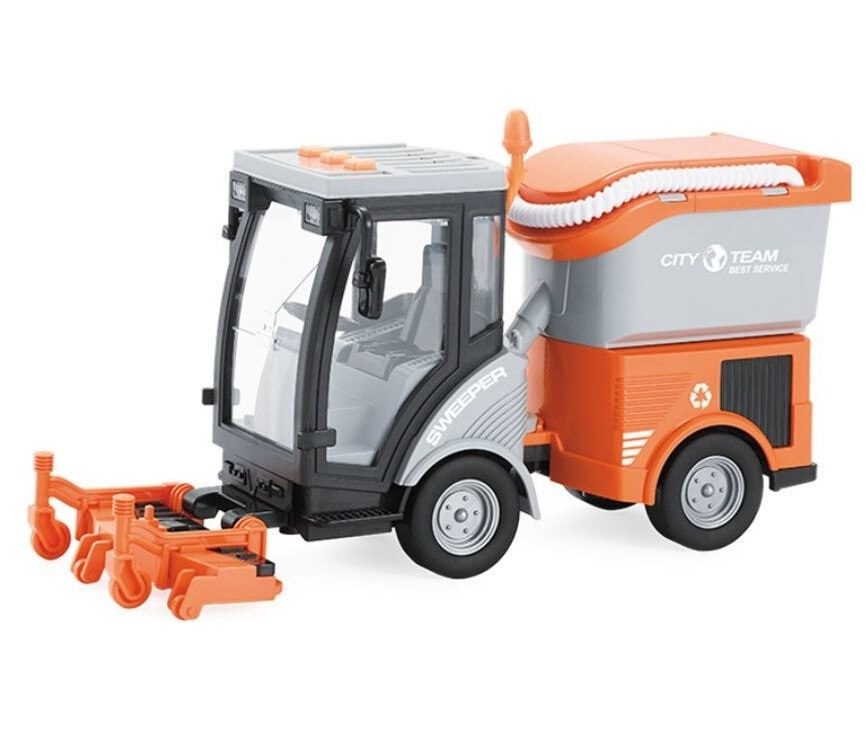 Masina de Maturat Stradala City Service 1:16 cu Lumini si Sunete, Jucarie Interactiva Realista de Curatenie Urbana pentru Copii, Vehicul Portocaliu cu Efecte Luminoase, Sunete Autentice si Cos de Gunoi, Masinuta de Santier Oras Plina de Aventura