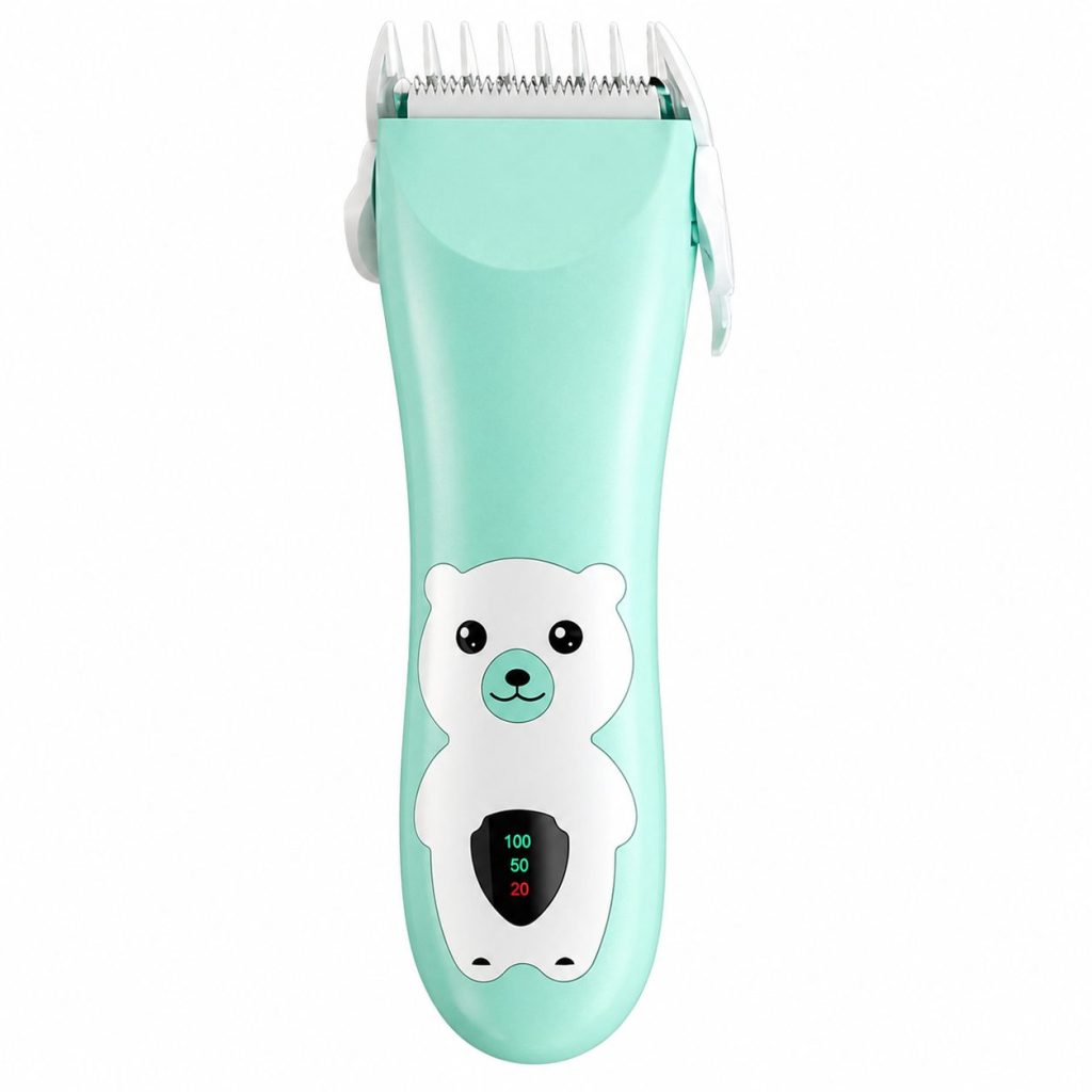 Masina De Tuns Bebelusi si Copii, Flippy, Display Digital, Lame Cermice si Inox, Fara Fir, Functie Anti Taiere, Silentios, 50 W, Rezistent la Apa, 2 Accesorii, Incarcator USB, Model Ursulet, Verde