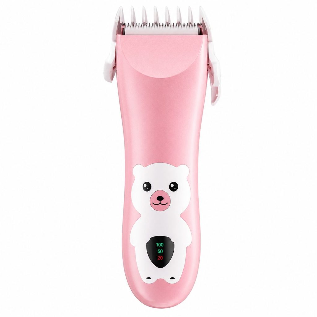 Masina De Tuns Bebelusi si Copii, Flippy, Display Digital, Lame Cermice si Inox, Fara Fir, Functie Anti Taiere, Silentios, 50 W, Rezistent la Apa, 2 Accesorii, Incarcator USB, Model Ursulet, Roz
