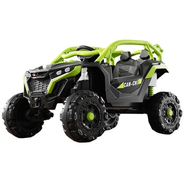 Masina Electrica pentru Copii, Flippy, Tip Buggy/UTV Off-Road Dual Drive, Conectare Bluetooth, Telecomanda, Lumina Intermitenta si Muzica, Baterie 380*2, 6V 7Ah, 97 x 62 x 58 cm, Verde Negru