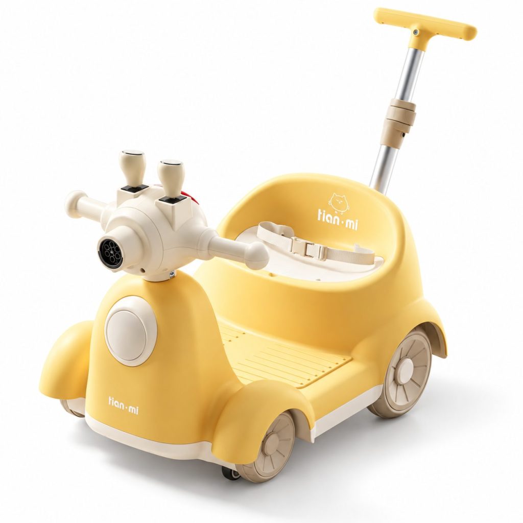 Masinuta Electrica Pentru Copii, Flippy, Cu Telecomanda, Rotire 360°, Bule De Sapun, Bluetooth, Muzica si Lumini, Maner Telescopic, Galben